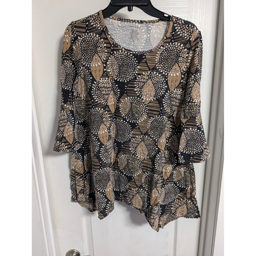 Westbound Womens Abstract Print Bell Sleeve Sharkbite Hem Top Brown Black M